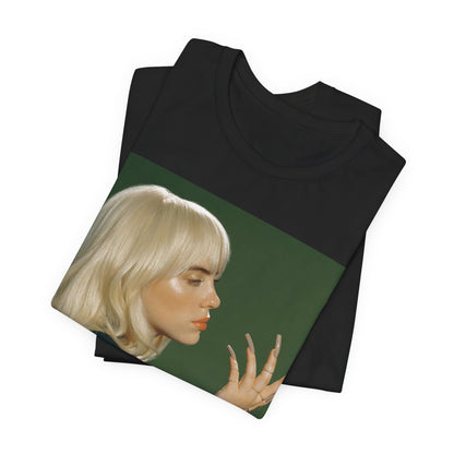 A vintage-style portrait of Billie Eilish with platinum blonde hair and long nails, wearing a denim jacket against a green background.