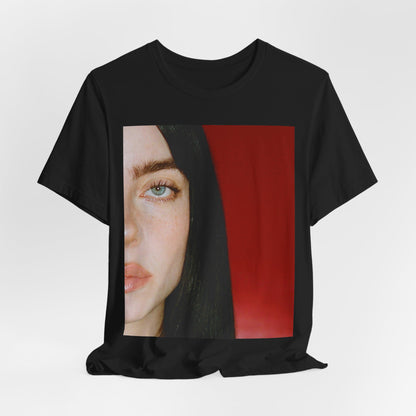 A classic, direct, black and white portrait of Billie Eilish, embodying a timeless aesthetic, printed on a graphic t-shirt.