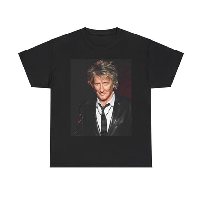 A black graphic t-shirt featuring a 90s portrait photo of Rod Stewart.