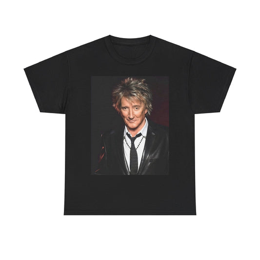 A black graphic t-shirt featuring a 90s portrait photo of Rod Stewart.