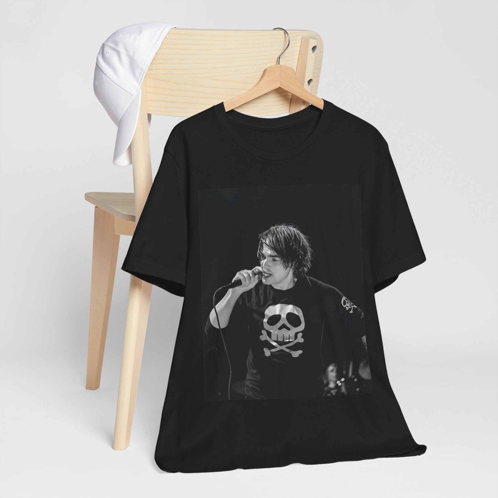 A black graphic t-shirt featuring a black and white portrait photo of Gerard Way from My Chemical Romance.