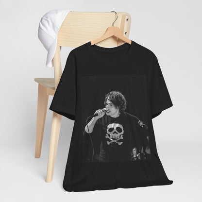 A black graphic t-shirt featuring a black and white portrait photo of Gerard Way from My Chemical Romance.