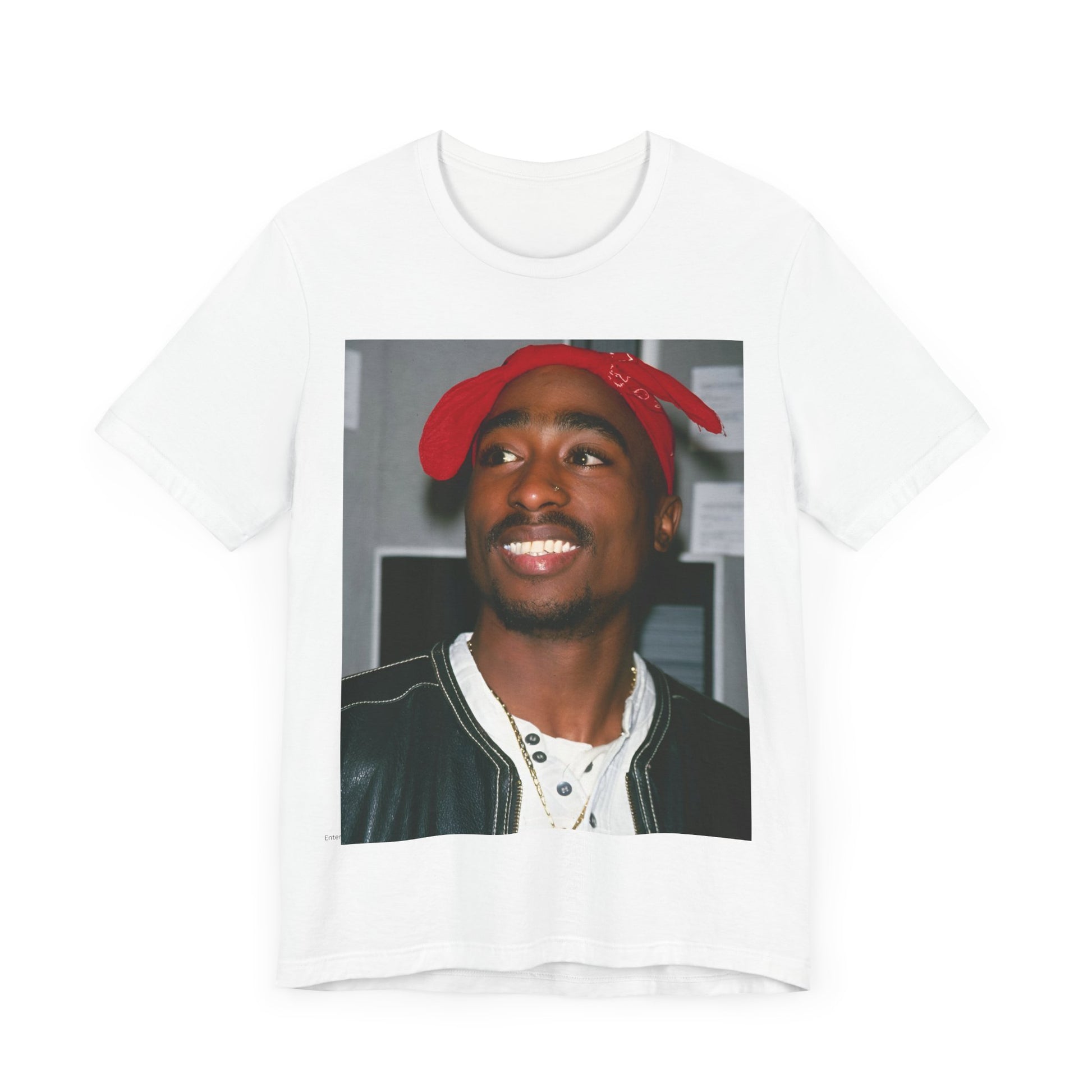 A black graphic t-shirt featuring a graphic of Tupac with his iconic bandana style.