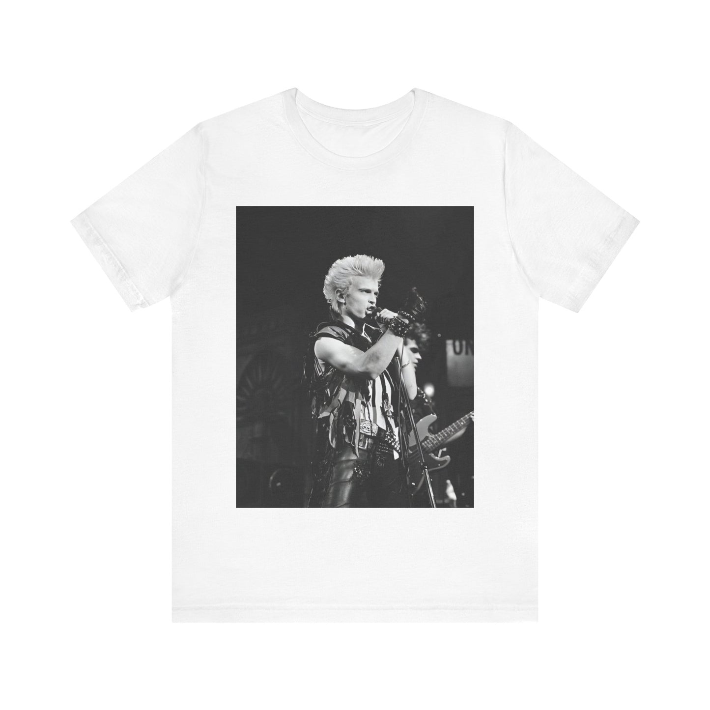 A black graphic t-shirt featuring a relaxed or candid graphic of Billy Idol, possibly on stage or in a merch style.