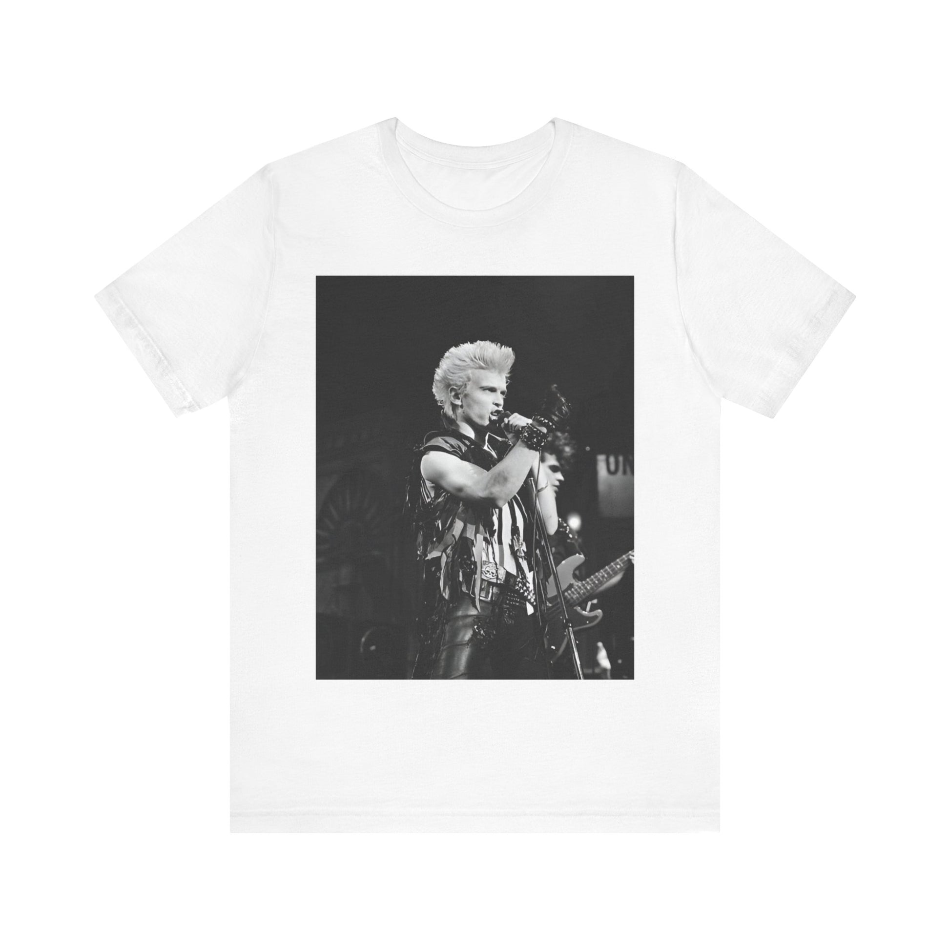 A black graphic t-shirt featuring a relaxed or candid graphic of Billy Idol, possibly on stage or in a merch style.