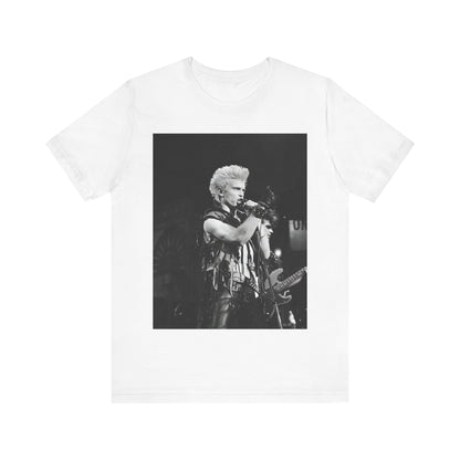 A black graphic t-shirt featuring a relaxed or candid graphic of Billy Idol, possibly on stage or in a merch style.