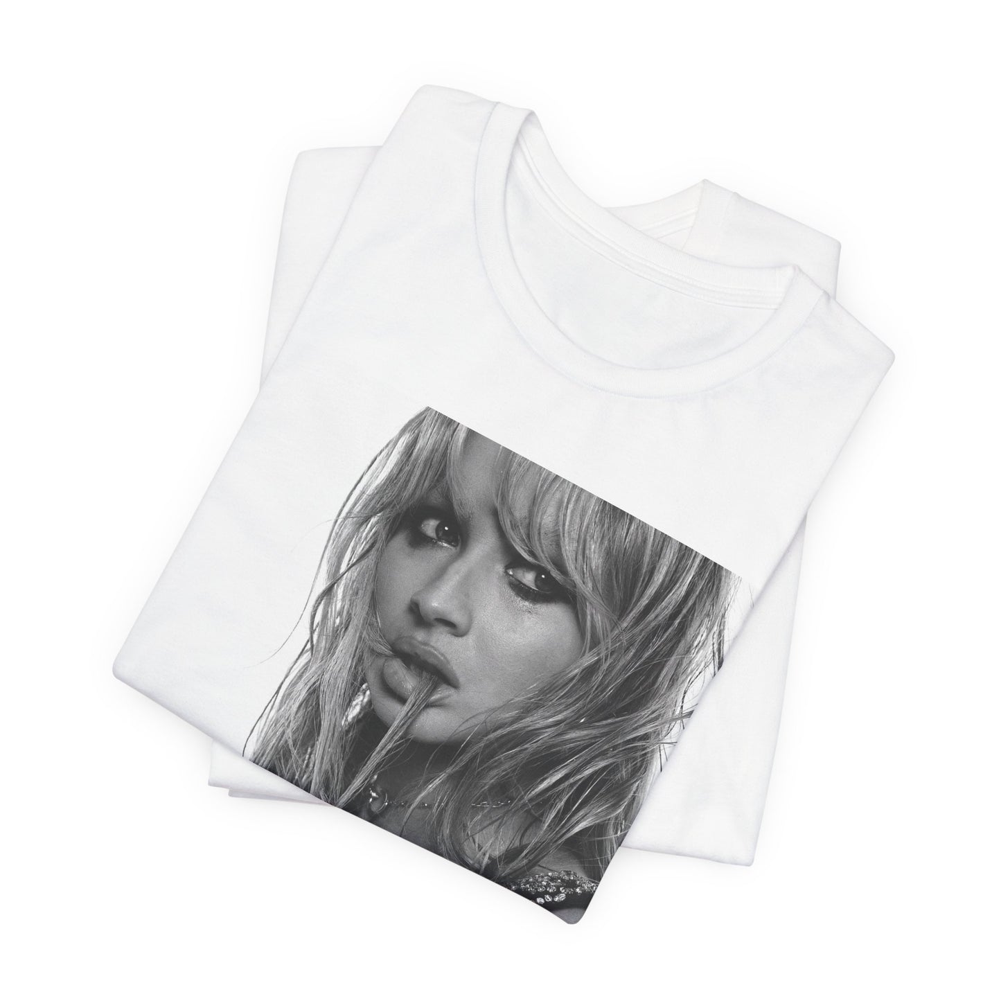 A black graphic t-shirt featuring a black and white portrait photo of Sabrina Carpenter.