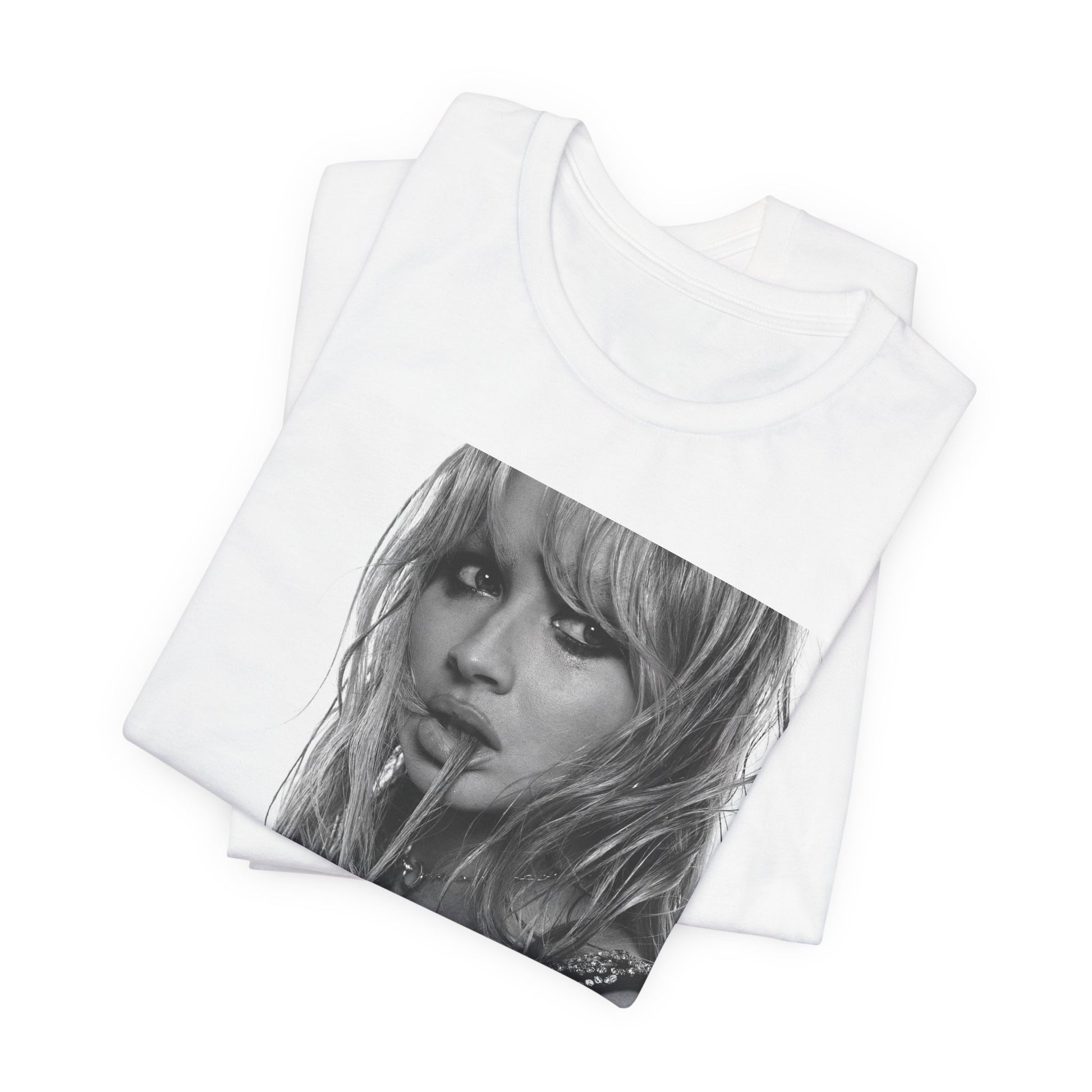 A black graphic t-shirt featuring a black and white portrait photo of Sabrina Carpenter.