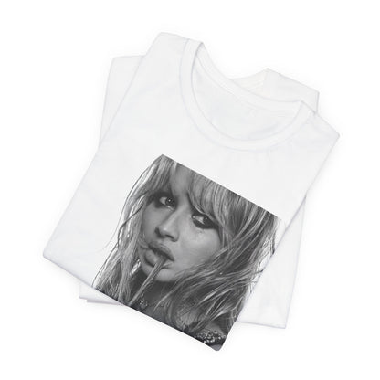 A black graphic t-shirt featuring a black and white portrait photo of Sabrina Carpenter.