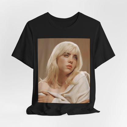 The iconic visual of Billie Eilish with black tears streaming down her face from the 'when the party's over' music video, printed on a t-shirt.