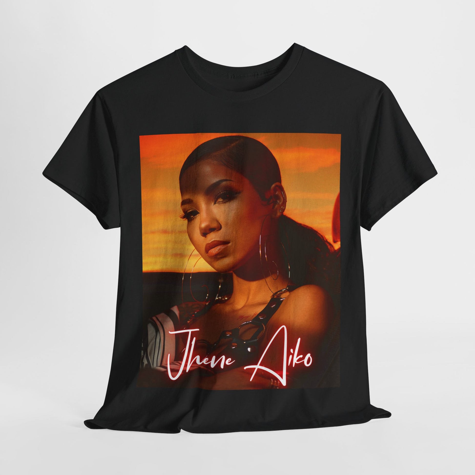 A black graphic t-shirt featuring a vintage chill R&B graphic of Jhene Aiko.