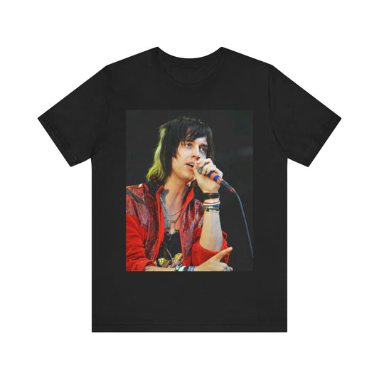A black graphic t-shirt featuring a graphic or photo of Julian Casablancas from The Strokes performing live.