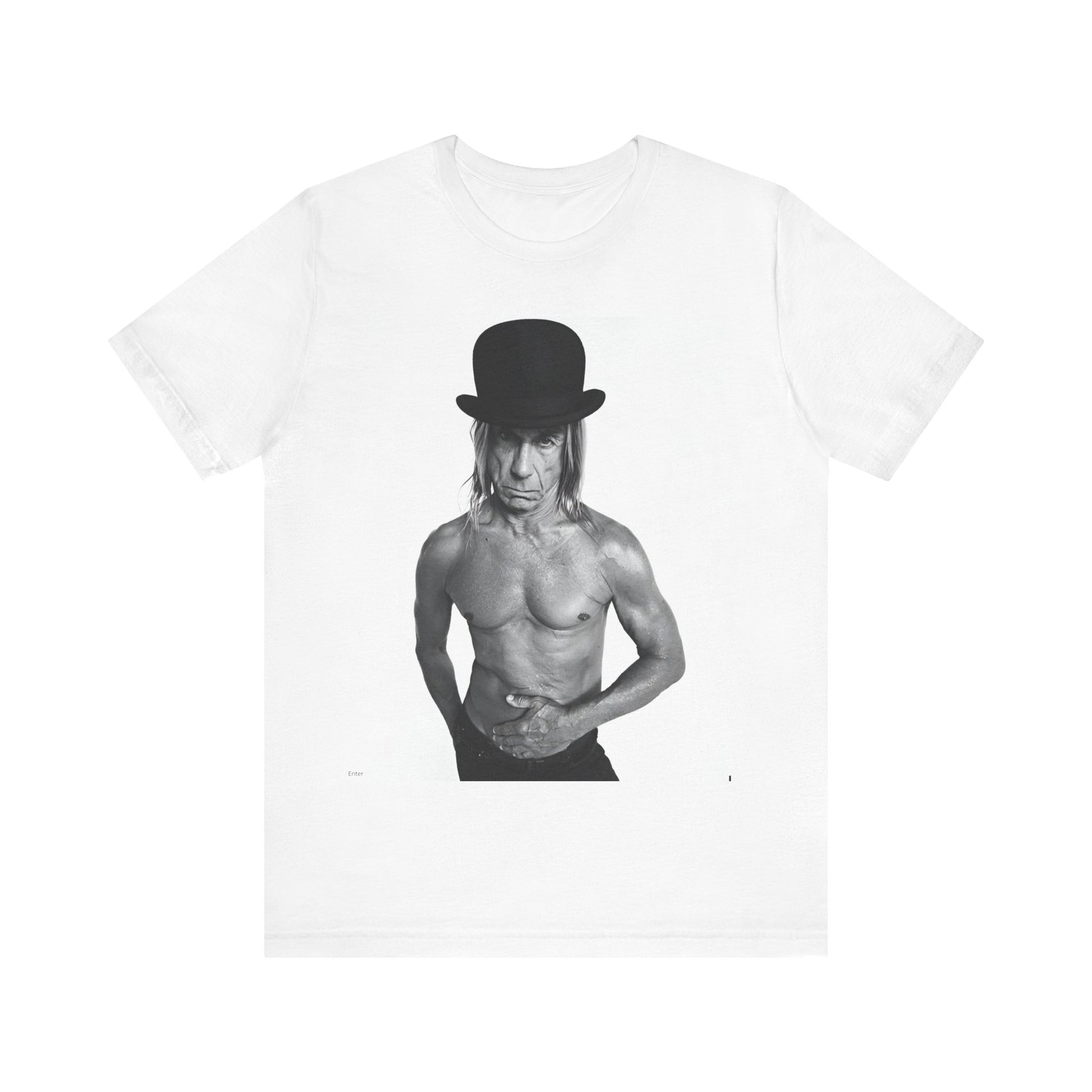 A black graphic t-shirt featuring a black and white photo of Iggy Pop wearing a hat.