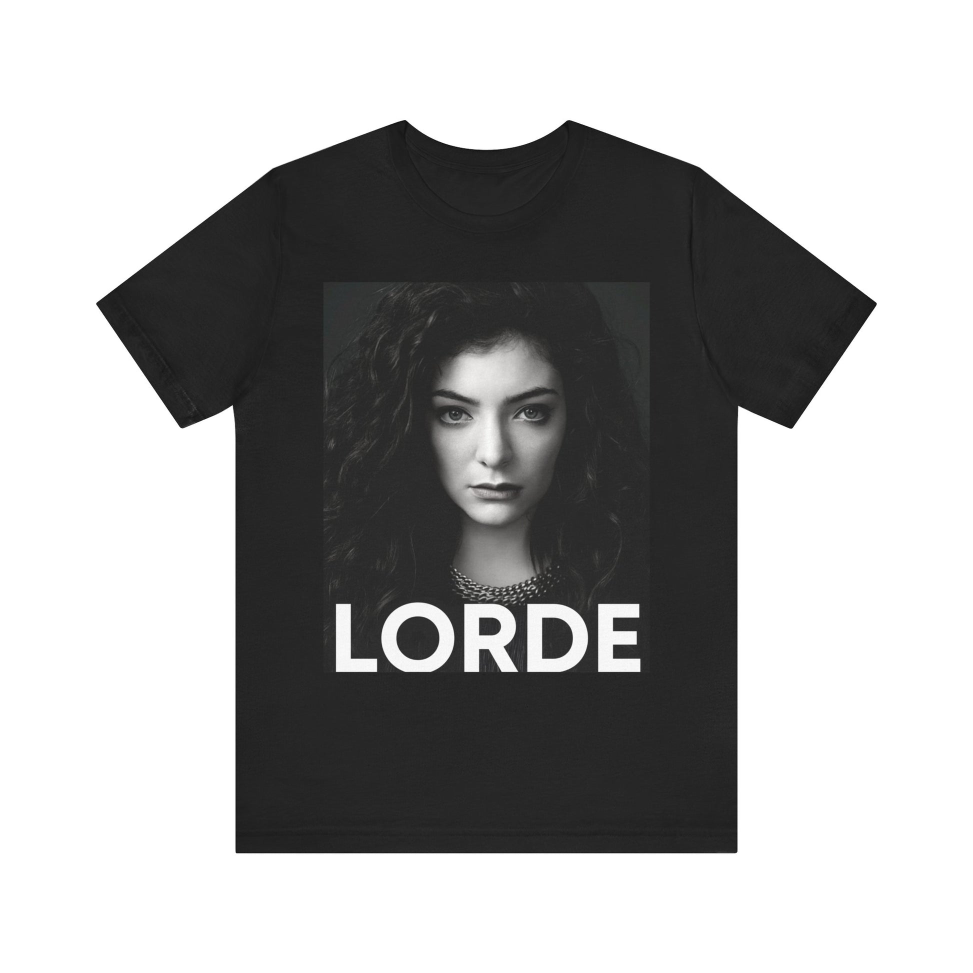 A black graphic t-shirt featuring a casual pop fan graphic of Lorde.