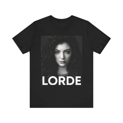 A black graphic t-shirt featuring a casual pop fan graphic of Lorde.