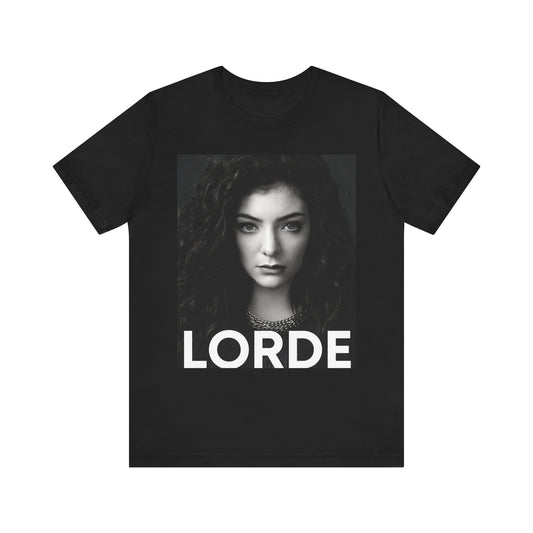 A black graphic t-shirt featuring a casual pop fan graphic of Lorde.