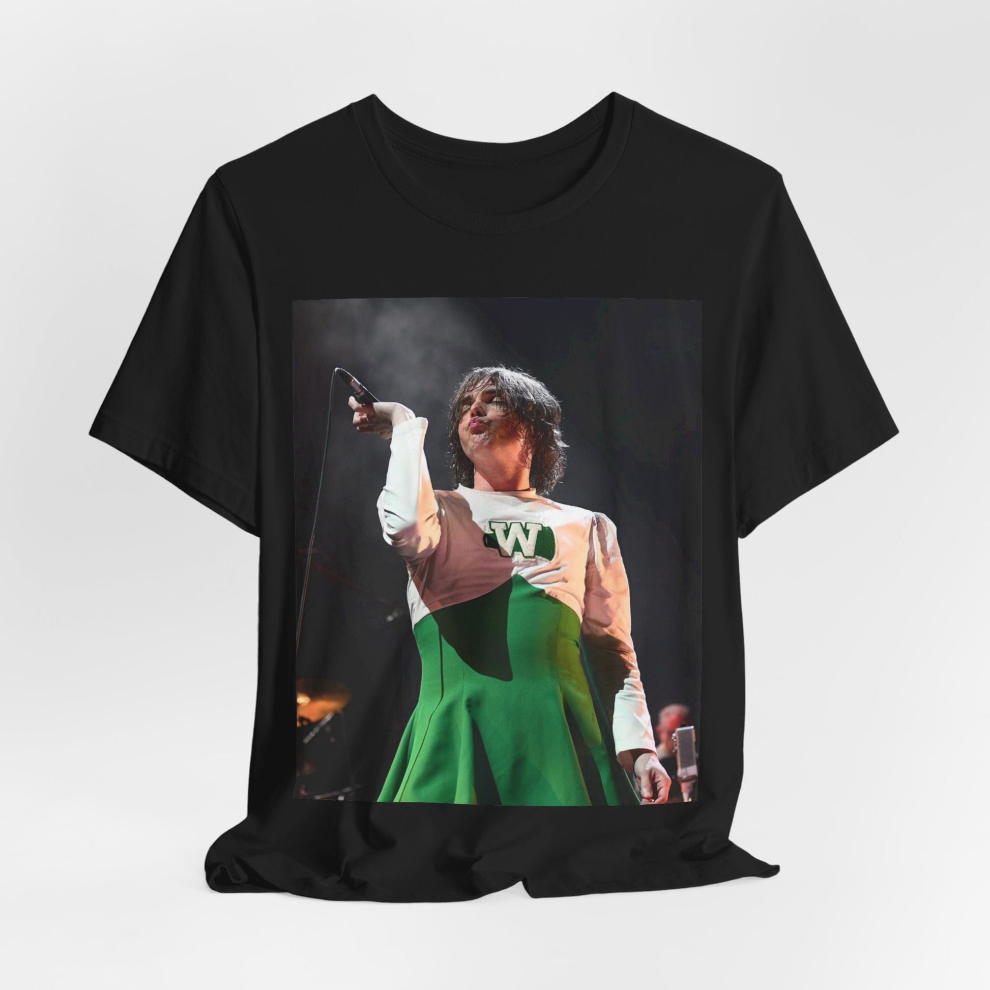 A black graphic t-shirt featuring a photo of My Chemical Romance, possibly with a cheerleader theme.