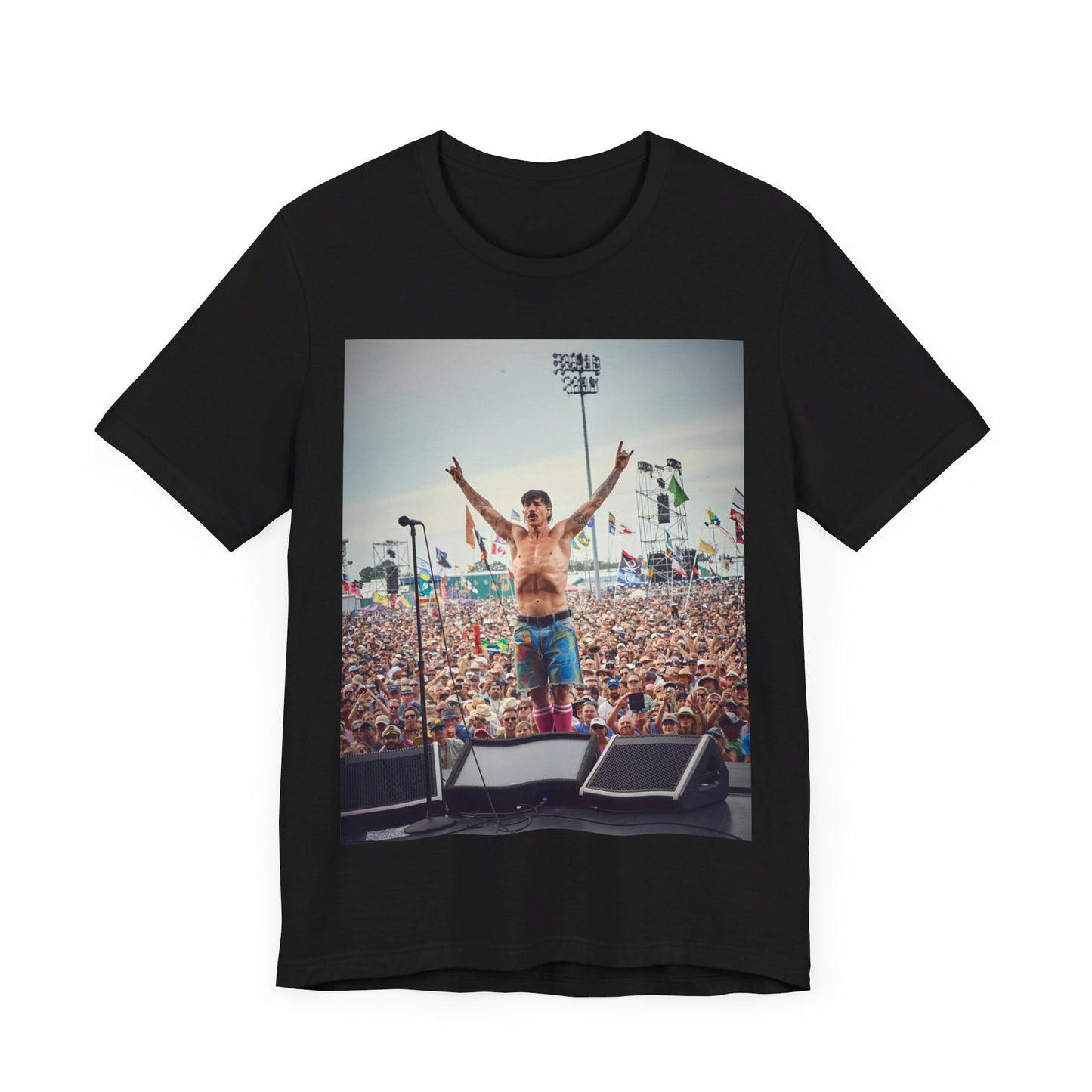 A black graphic t-shirt featuring a concert tour graphic of Red Hot Chili Peppers.
