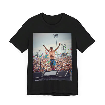 A black graphic t-shirt featuring a concert tour graphic of Red Hot Chili Peppers.