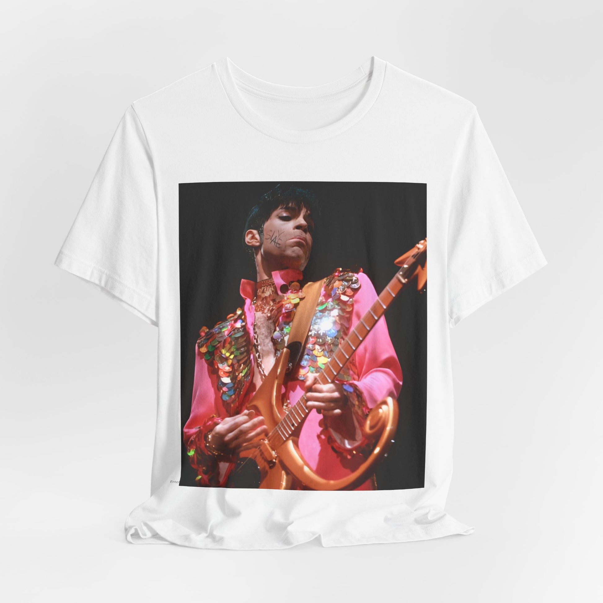 A black graphic t-shirt featuring a graphic of Prince as an unapologetic sex symbol.