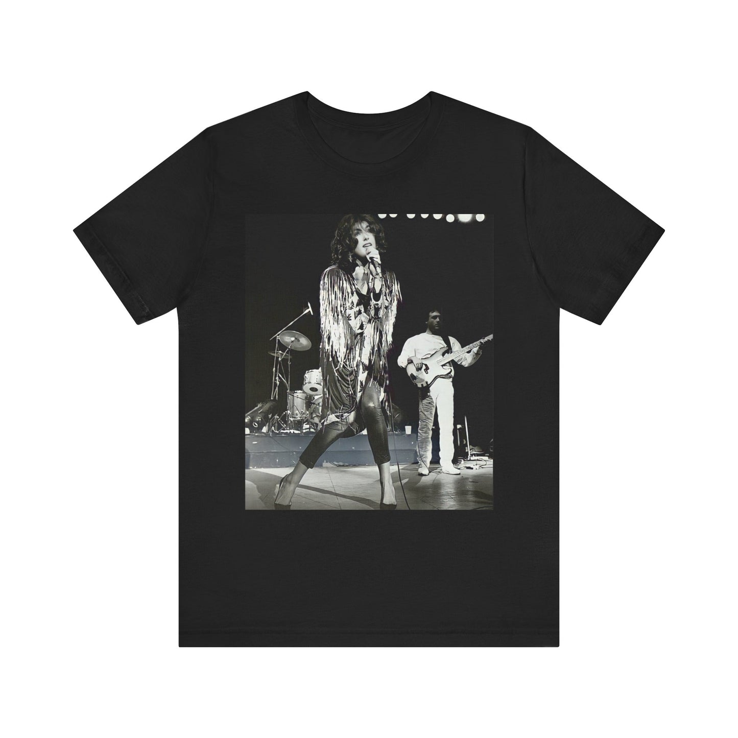 A black graphic t-shirt featuring an 80s black and white photo or graphic of Laura Branigan performing live on stage.
