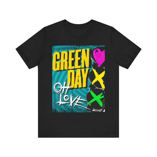 A black graphic t-shirt featuring a graphic related to Green Day's song 'Oh Love'.