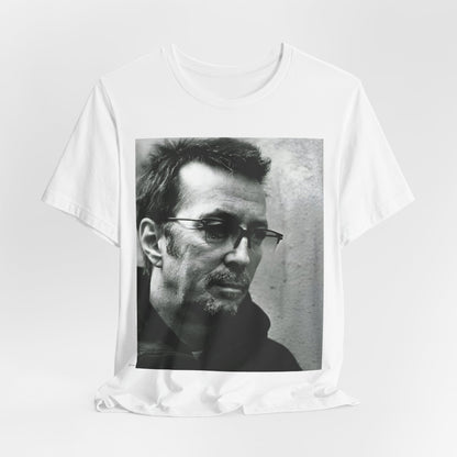 A black graphic t-shirt featuring a black and white, monochrome graphic or photo of Eric Clapton.