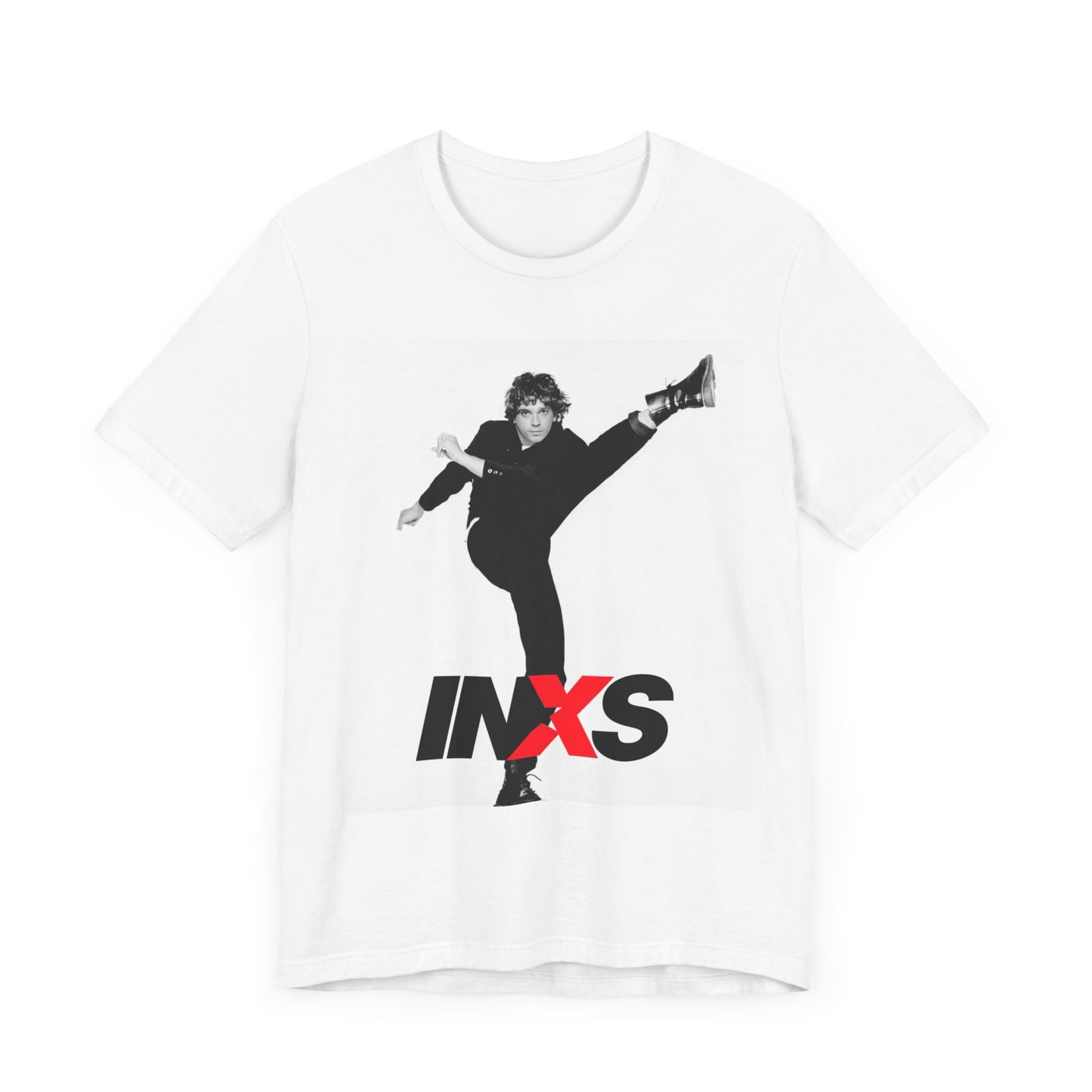 A black graphic t-shirt featuring a retro graphic related to INXS's 'Kick' album era.