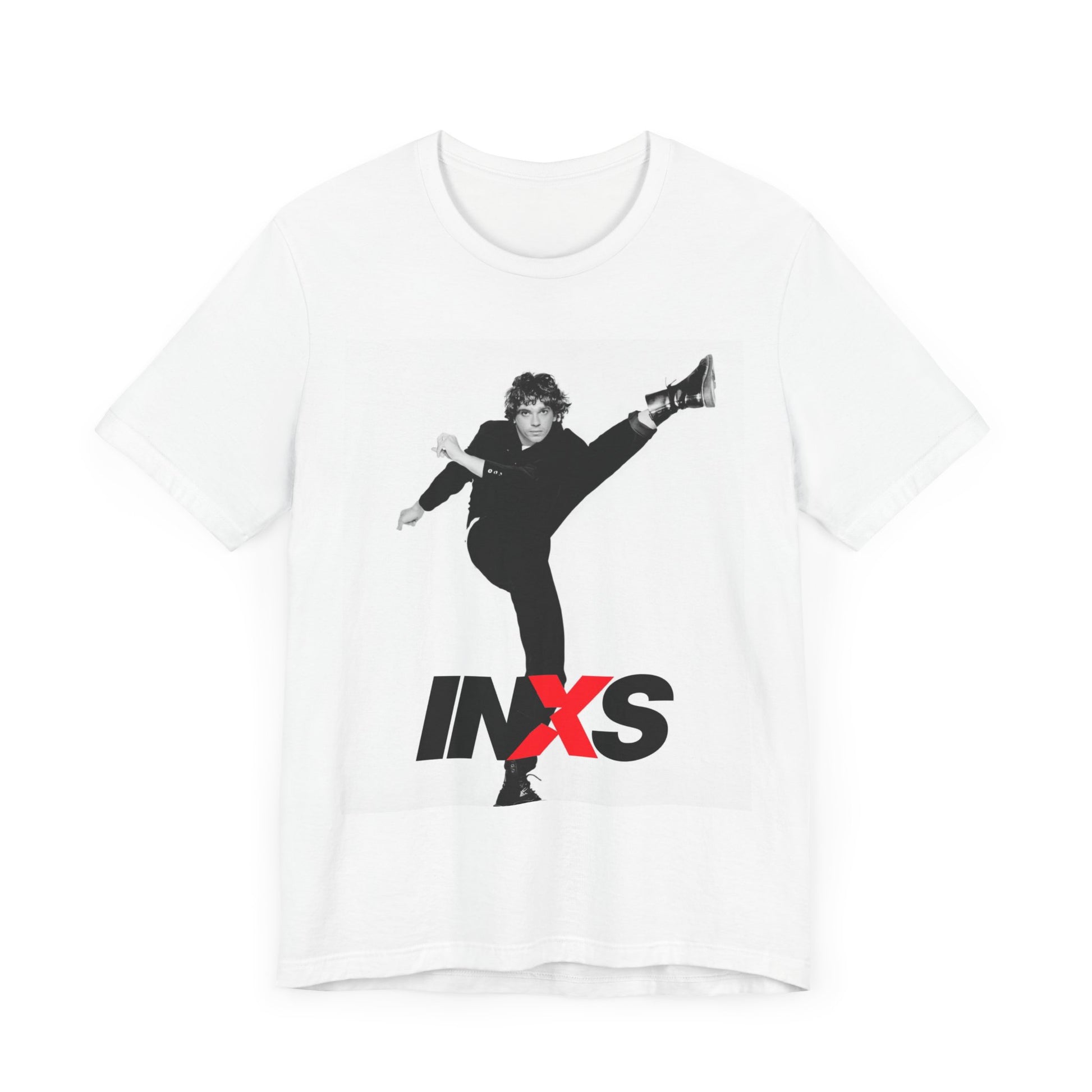 A black graphic t-shirt featuring a retro graphic related to INXS's 'Kick' album era.