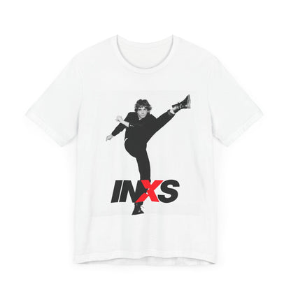 A black graphic t-shirt featuring a retro graphic related to INXS's 'Kick' album era.