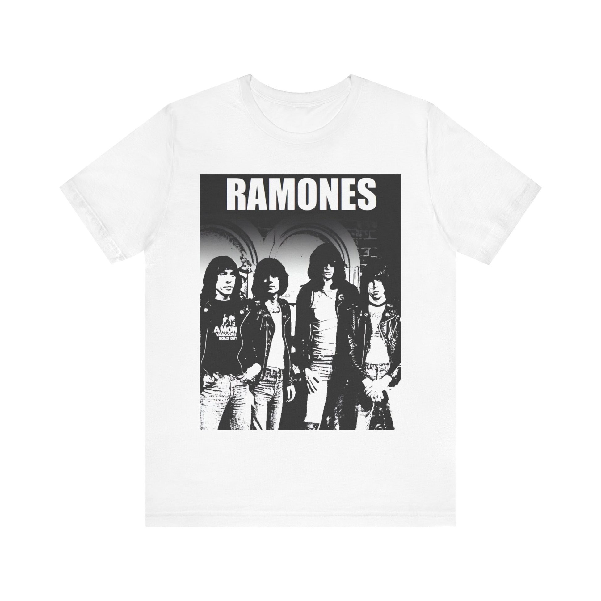 A black graphic t-shirt featuring a graphic of the Ramones as punk rock pioneers.