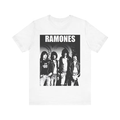 A black graphic t-shirt featuring a graphic of the Ramones as punk rock pioneers.