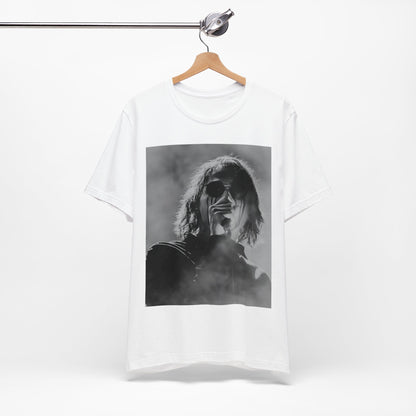 A black graphic t-shirt featuring a black and white, monochrome graphic or photo of My Chemical Romance.
