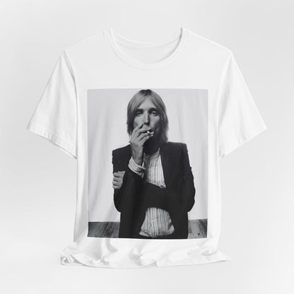 A black graphic t-shirt featuring a black and white graphic or photo of Tom Petty as a Southern rock icon.