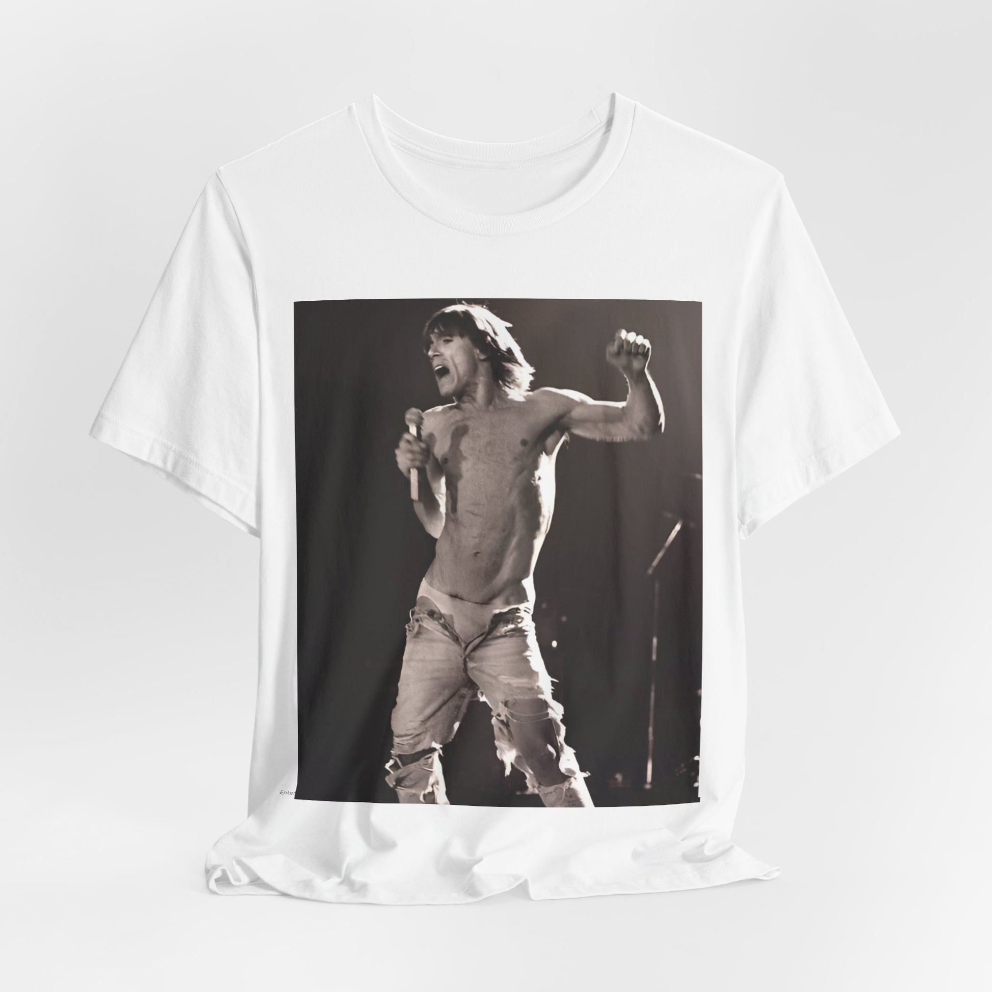 A black graphic t-shirt featuring a black and white graphic or photo of Iggy Pop performing live on stage.