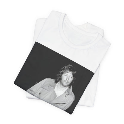 A black graphic t-shirt featuring a retro graphic of Eric Clapton as a blues master.