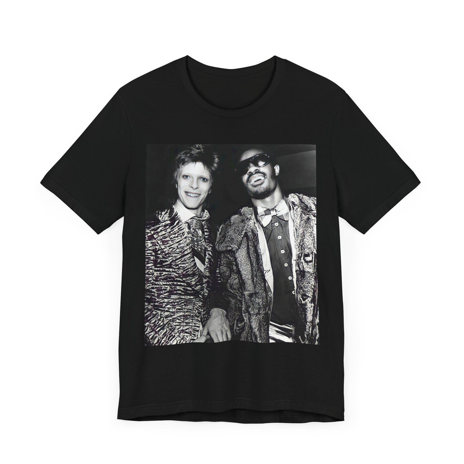 A black graphic t-shirt featuring a retro graphic of Stevie Wonder and David Bowie together.