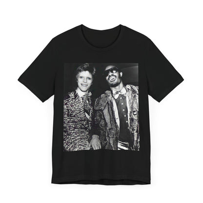 A black graphic t-shirt featuring a retro graphic of Stevie Wonder and David Bowie together.