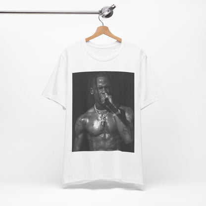 A black graphic t-shirt featuring an underground hip hop graphic of Travis Scott.