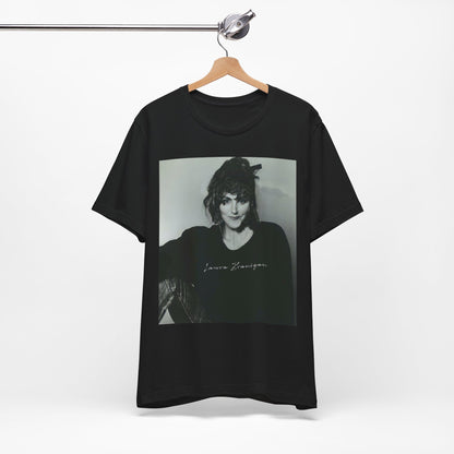 A black graphic t-shirt featuring a casual 80s pop fan graphic of Laura Branigan.