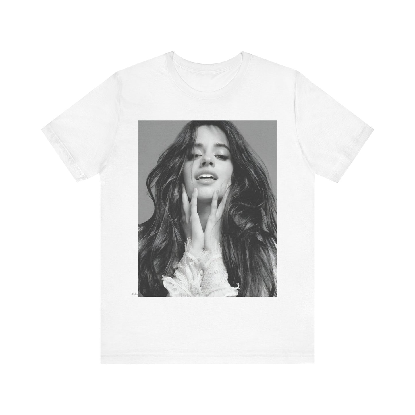 A black graphic t-shirt featuring a black and white portrait photo of Camila Cabello.
