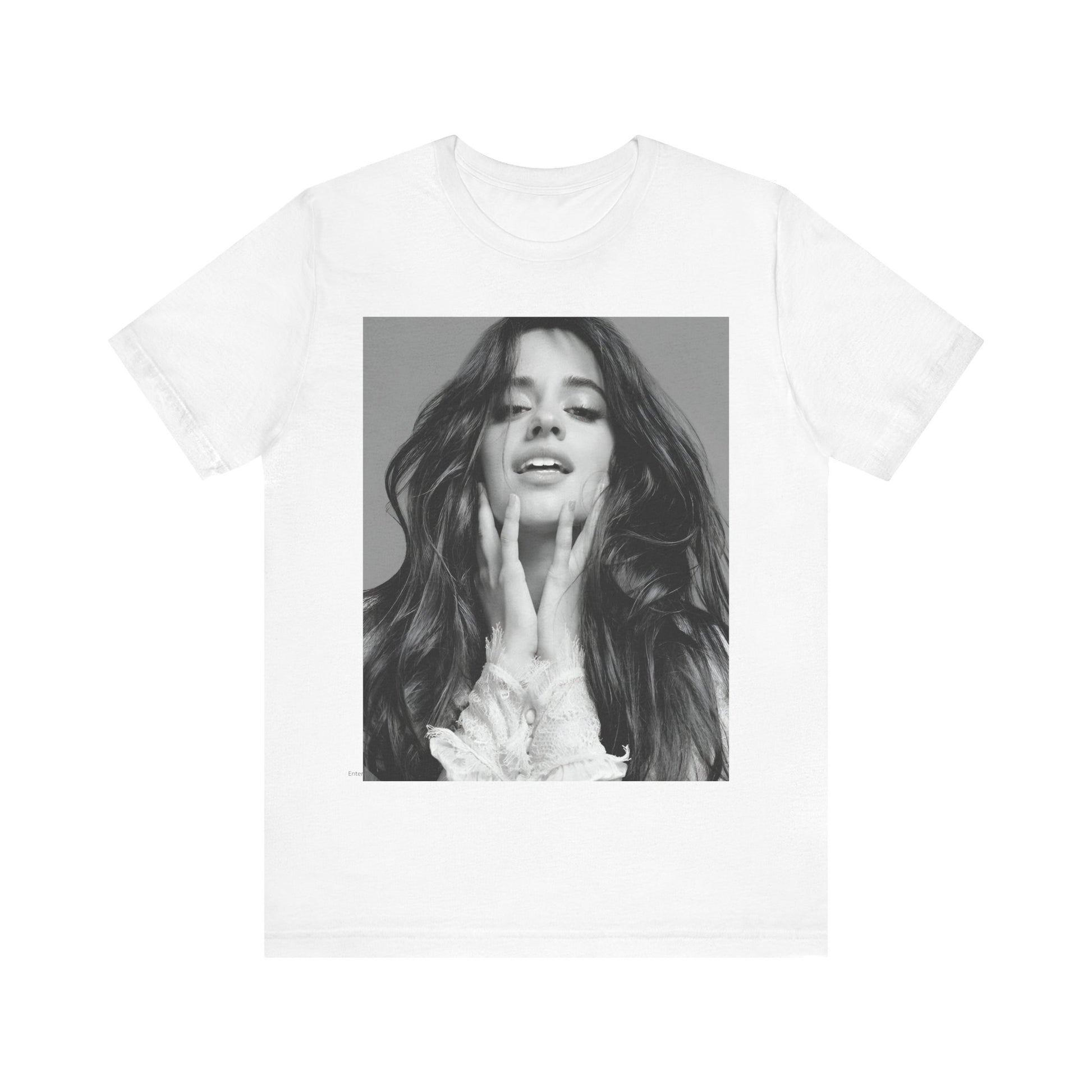 A black graphic t-shirt featuring a black and white portrait photo of Camila Cabello.