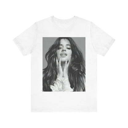A black graphic t-shirt featuring a black and white portrait photo of Camila Cabello.