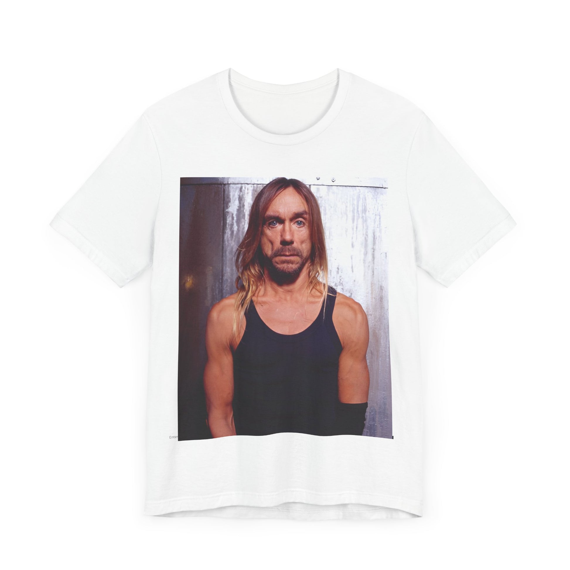 A black graphic t-shirt featuring a 90s vintage proto-punk icon graphic of Iggy Pop.