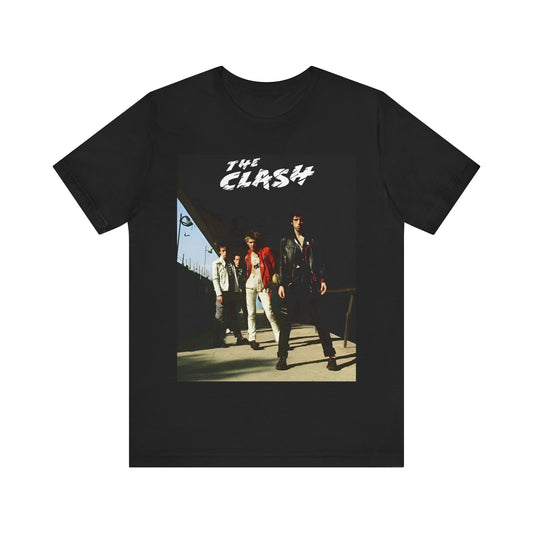 A black graphic t-shirt featuring a retro graphic related to The Clash's 'Rock the Casbah' song or era.