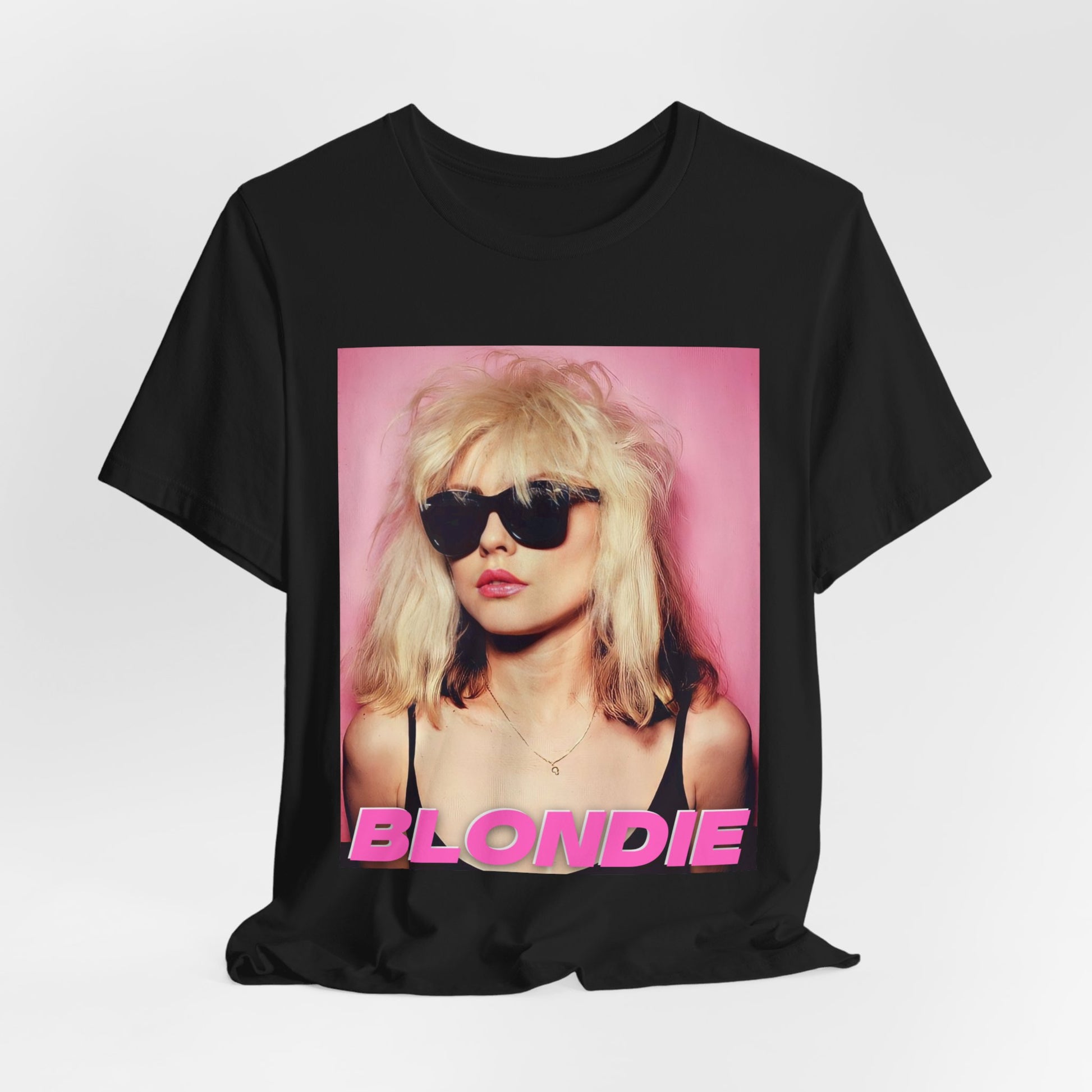 A black graphic t-shirt featuring a graphic related to Blondie's 'Call Me' song or era.
