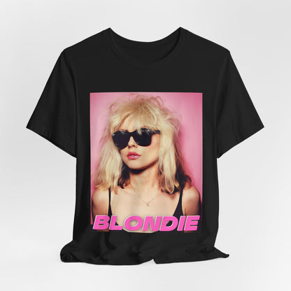 A black graphic t-shirt featuring a graphic related to Blondie's 'Call Me' song or era.