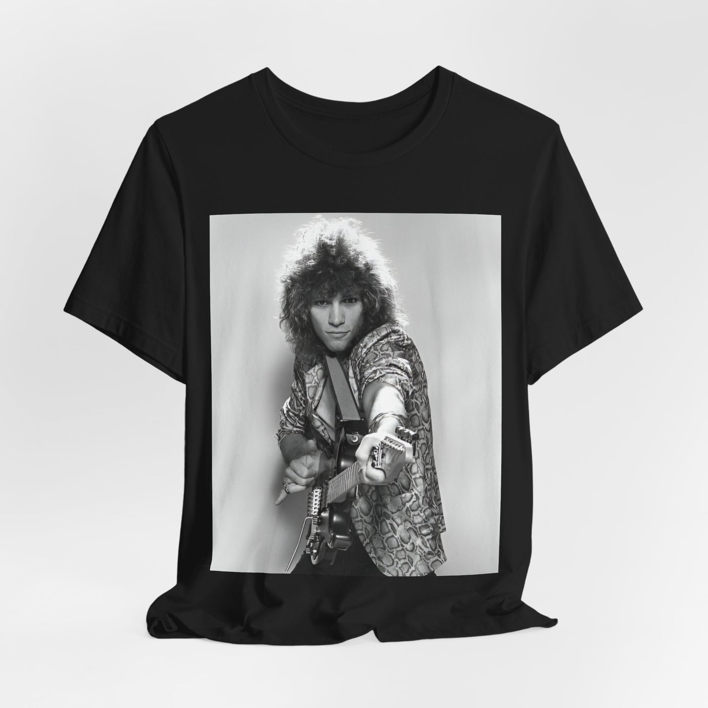 A black graphic t-shirt featuring a vintage 80s rock graphic of Bon Jovi.