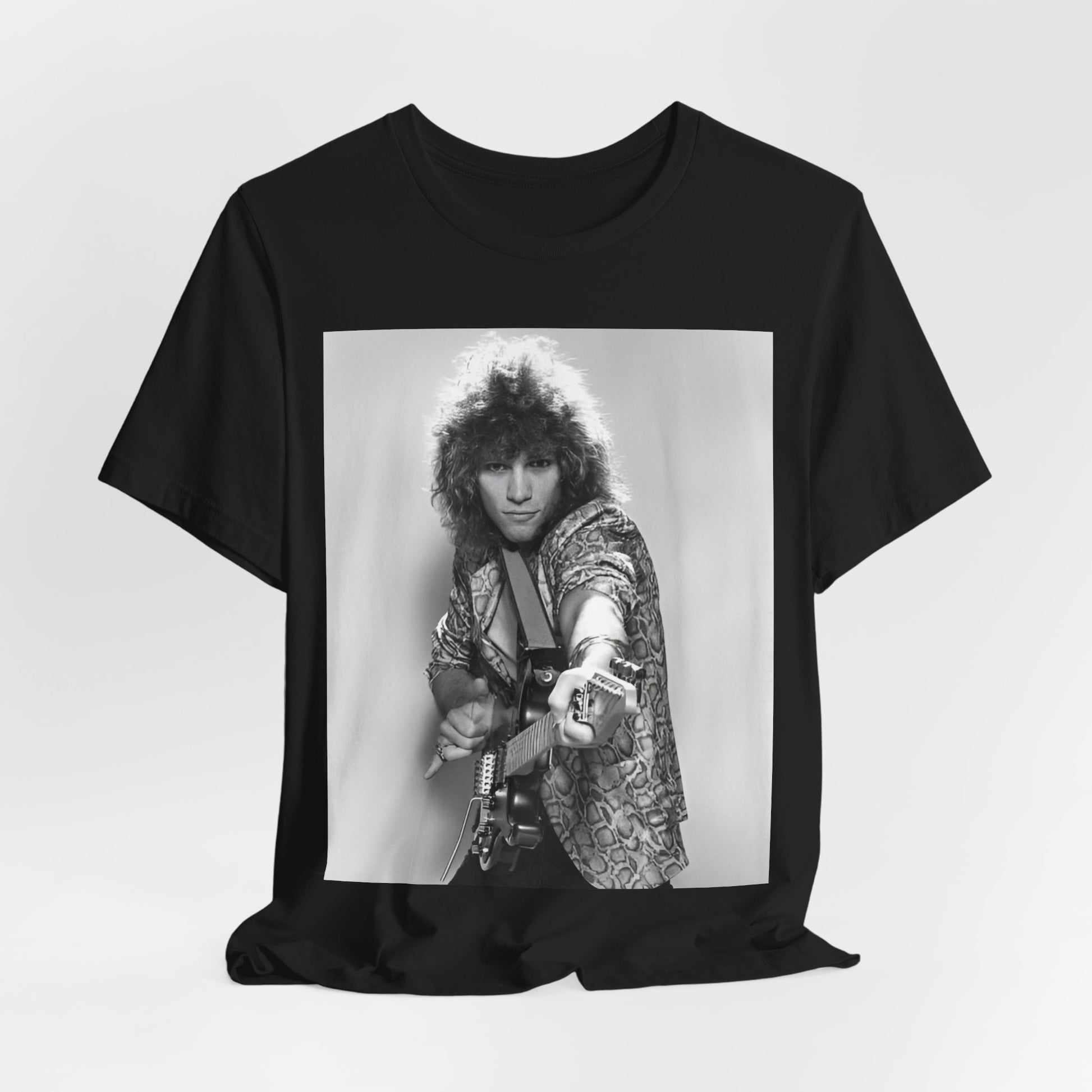 A black graphic t-shirt featuring a vintage 80s rock graphic of Bon Jovi.