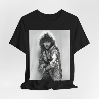 A black graphic t-shirt featuring a vintage 80s rock graphic of Bon Jovi.